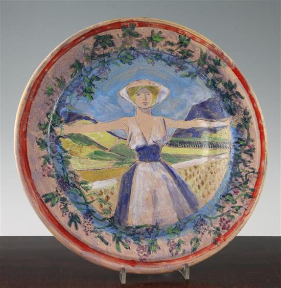 Quentin Bell for Fulham Pottery. A polychrome decorated terracotta dish, diameter 34.5cm